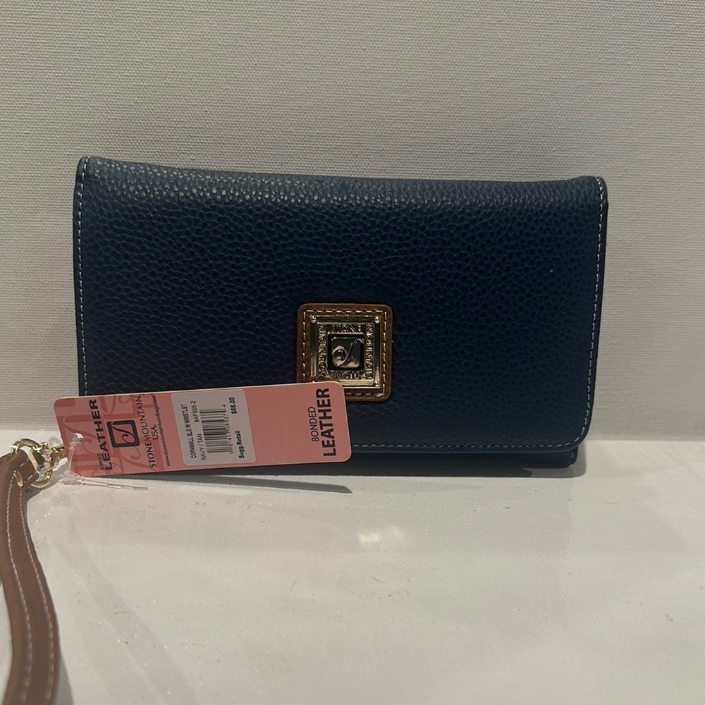 NWT Stone Mountain Bonded Leather Blue/Brown wallet/Wristlet w/coin, bills slots